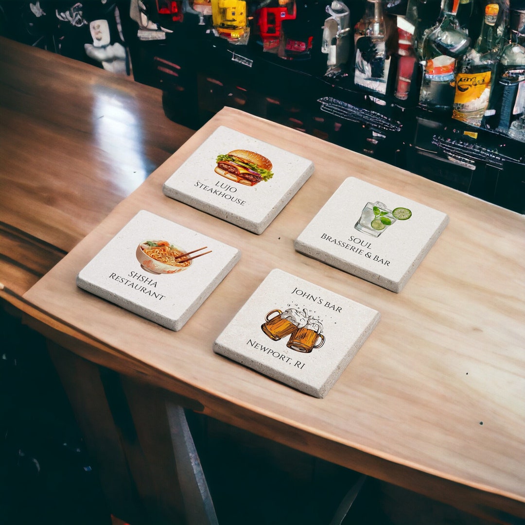 Custom Bar and Restaurant Stone Coasters Set, Personalized Bar Wood