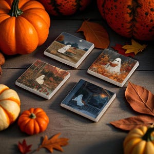 Puede incluir: Cuatro posavasos cuadrados de Halloween con ilustraciones de fantasmas. Uno muestra un fantasma con un carro de calabazas, otro leyendo un libro y otros dos en escenas otoñales. Las calabazas y las hojas de otoño rodean los posavasos.