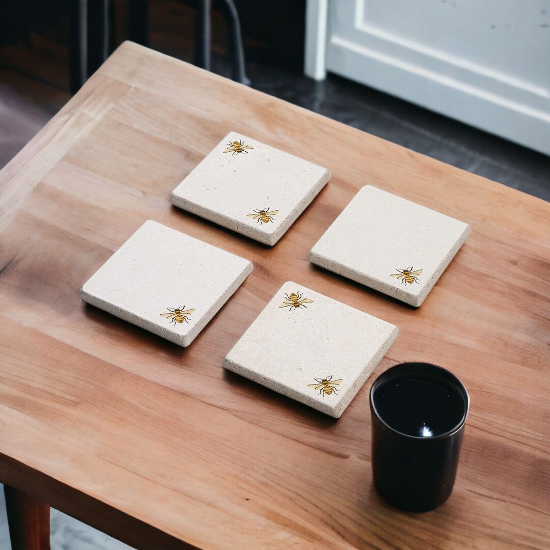 Bee Stone Coaster Set, Bee Home Decor, Animals Lover, Bee Wood Coasters ...