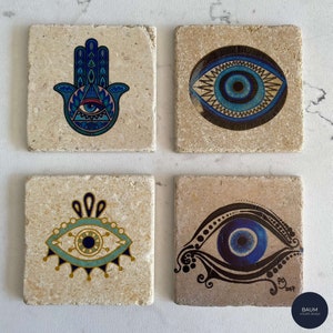 Hamsa Stone Coasters, Cork Backing Stone Coasters Set of 4, Evil Eye Stone Coasters, Drink Coasters, Housewarming Gift, Gift for Her