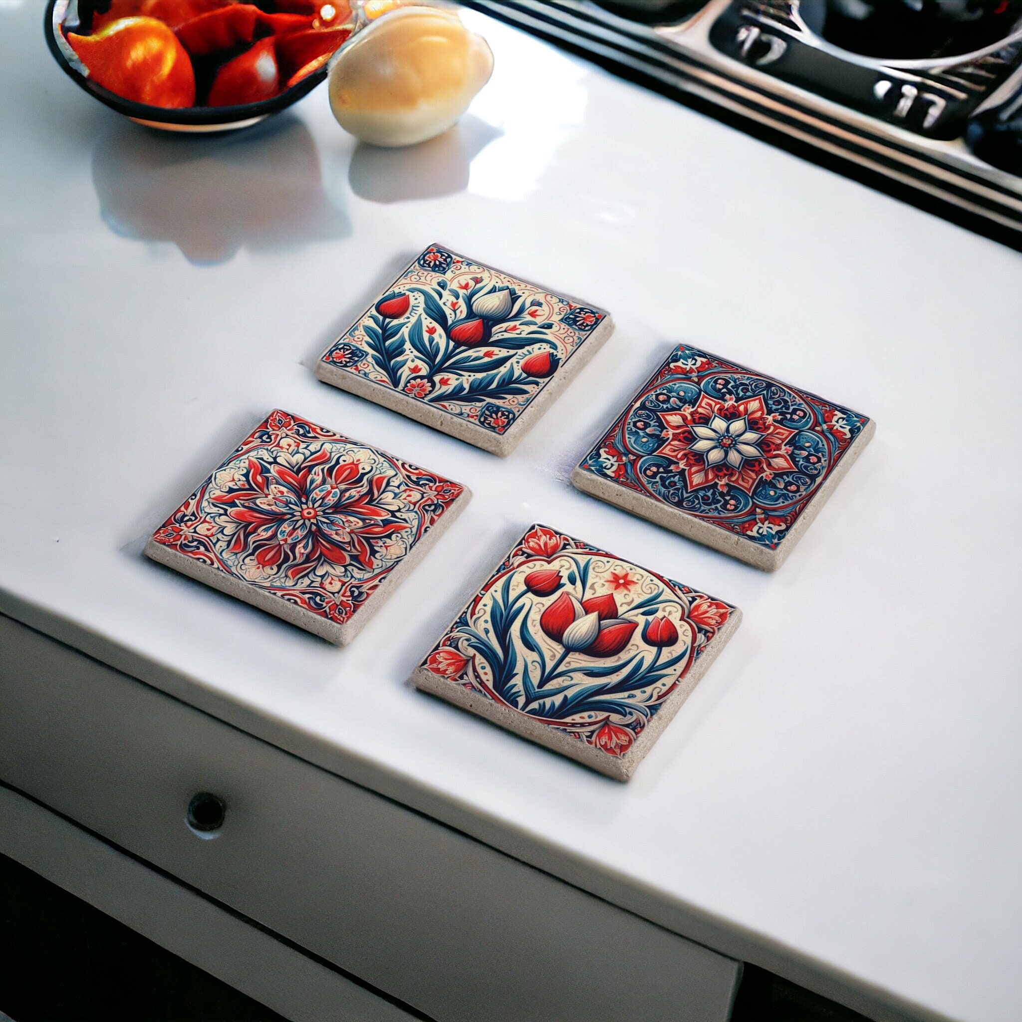 Turkish Tile Stone and Wood Coaster Set, Moroccan Tile Coaster, Portuguese Azulejo, Mexican Talavera, Spanish Majolica, Gift for Mothers Day