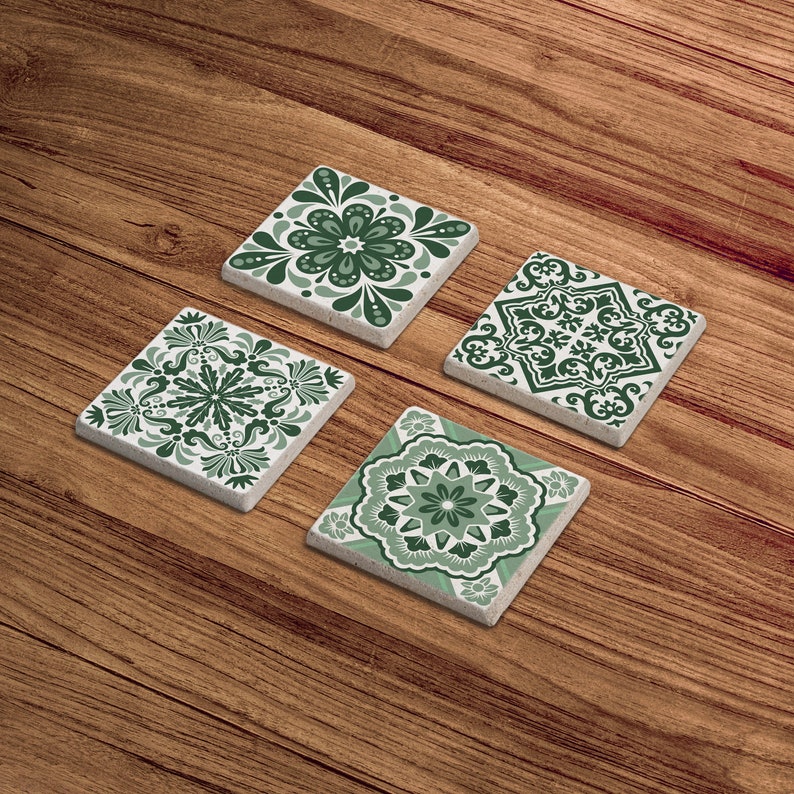 Green Tile Stone Coasters, Mexican Talavera Tile Wood Coasters, Moroccan Tile, Tile Design, Spanish Mediterranean, Tulip Art, Gift for Her image 6