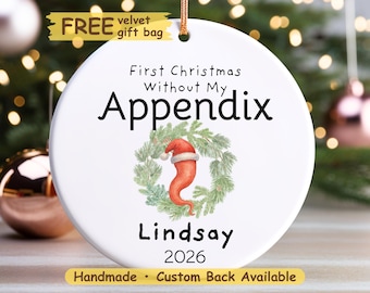 Può includere: Un ornamento rotondo in ceramica bianca con il testo nero First Christmas Without My Appendix, un'illustrazione di una ghirlanda di pino verde con un cappello da Babbo Natale su un'appendice, il nome Lindsay e l'anno 2026, con cordino oro.