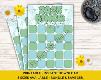 Carte de résolution Bingo du Nouvel An 2025 Objectifs verts rétro de l&#39;année PDF imprimable Bingo Bingo Téléchargement instantané Impression à la maison 3 tailles de papier Lot de Bingo