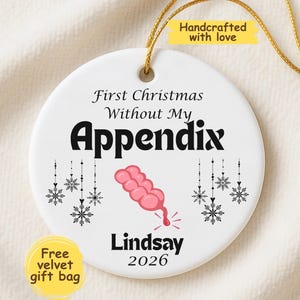 May include: A round white ceramic ornament with a gold hanging string. The text reads First Christmas Without My Appendix, Lindsay, and 2026. It features a pink illustration of an appendix and black snowflake graphics on both sides.