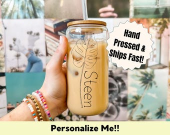 Personalized Glass Can Minimalist Monstera Leaf Cup Custom Name Iced Coffee Tumbler Aesthetic Botanical Beer Can Shaped Glass Gift for Her
