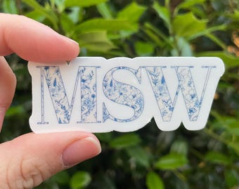 Blue Toile Floral MSW Sticker, MSW Water Resistant Vinyl Decal, Master Social Work Degree Cling, Graduation Gift Idea for Social Worker