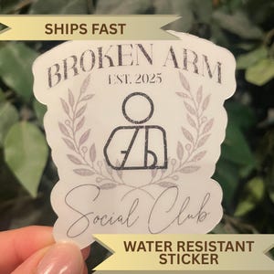 以下が含まれることがあります： 「BROKEN ARM Social Club」の文字と人物のイラストが描かれた、耐水性のステッカー。ステッカーは、灰色の花のリースデザインの明るい背景を持っています。「EST. 2025」の文字も含まれています。