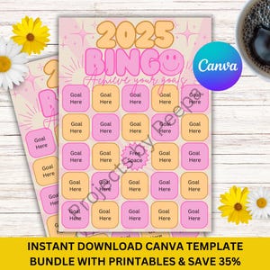 Carte de bingo 2025 Carte de résolution du nouvel an Objectifs verts de l'année rétro Téléchargement instantané Modèle de toile numérique Manifestation Imprimable Modifiable