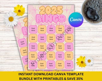 Carte de bingo 2025 Carte de résolution du nouvel an Objectifs verts de l&#39;année rétro Téléchargement instantané Modèle de toile numérique Manifestation Imprimable Modifiable