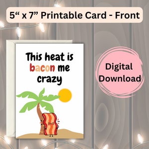 Divertente Bacon Beach Card Instant Digital File Vuoto Summer Joke Gift Fai da te Casa Stampa Pieghevole Umorismo Saluto Cibo Amante Fumetto Ricordo Design