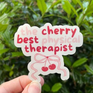 Könnte beinhalten: Ein Aufkleber mit dem Text "the cherry best physical therapist" in Rosa und Rot. Der Aufkleber zeigt ein Kirschdesign mit einer Schleife und zwei Kirschen. Der Aufkleber wird vor einem Hintergrund aus grünen Blättern gehalten.
