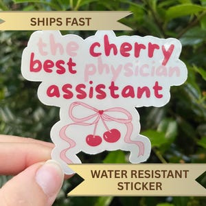 以下が含まれることがあります： ピンクと赤で「the cherry best physician assistant」と書かれた白いステッカー。ステッカーには、ピンクのリボンが付いた2つのサクランボのデザインが施されています。ステッカーは耐水性です。