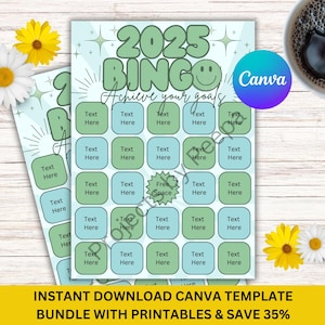 Carte de bingo 2025 Carte de résolution du nouvel an Objectifs de l'année rétro verte Téléchargement instantané Bundle de modèles de toile numérique avec impression à enregistrer Edita