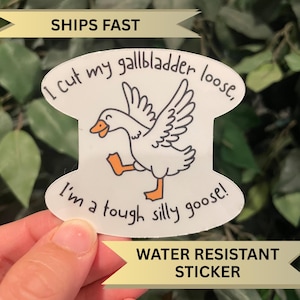 May include: A white, water-resistant sticker featuring a cartoon goose with orange feet and beak. The text reads "I cut my gallbladder loose, I'm a tough silly goose!" and "SHIPS FAST".