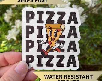 Retro Pizza Sticker, Funny Pizza Party Favor Idea, Gift Idea for Italian Foodie, Laptop Decal with Pizza, Pizza Water Resistant Water Bottle