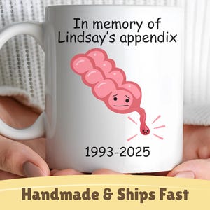 Peut inclure: Mug en céramique blanche avec une anse, portant l'inscription "In memory of Lindsay's appendix" et une illustration de l'appendice rose avec un visage triste. La tasse affiche également les années 1993-2025.