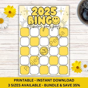 Cartão de resolução de bingo de ano novo 2025 amarelo retro metas de ano novo bingo PDF para impressão download instantâneo de bingo imprimir em casa 3 tamanhos