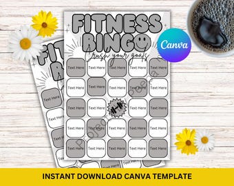 Fitness Bingo 2025 Resolution Card Gray Retro Year Goals Canva Template Bundle with Printable Save Deal Manifestation Bingo Goals Editable