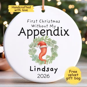 May include: A white circular ceramic ornament featuring the black text First Christmas Without My Appendix, a green pine wreath illustration with a red Santa hat, and the name Lindsay with the year 2026 printed in black at the bottom.