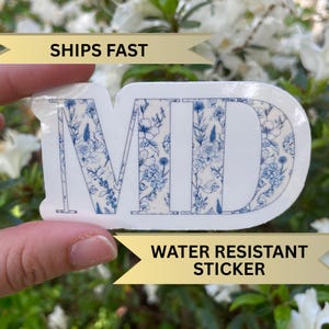 Floral Blue Toile MD Sticker, Medical Doctor Laptop Decal, Graduation Gift Idea for Physician, Resident Appreciation Week Present