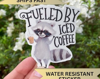 Raccoon Iced Coffee Sticker, Cup of Coffee Decal, Coffee Lover Gift Idea, Present Idea for Foodie, Funny Coffee Addict Sticker for Tumbler