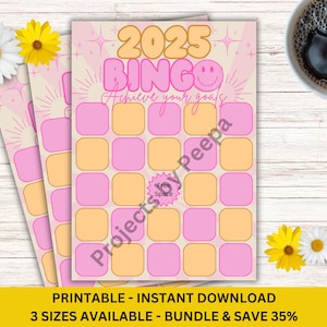 Neujahr Bingo 2025 Auflösung Karte Rosa Retro Neujahr Ziele Bingo Druckbare PDF Bingo Sofortiger Download Druck zu Hause 3 Größen