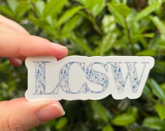 Blue Toile Floral LCSW Sticker, LCSW Water Resistant Decal, Licensed Clinical Social Work Degree Cling, Graduation Gift Idea Social Worker