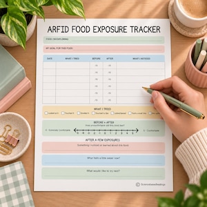 May include: A white paper ARFID Food Exposure Tracker form with pastel-colored sections for tracking food exploration, goals, dates, and sensory observations, featuring a numerical comfort scale and checkboxes for various interaction levels.