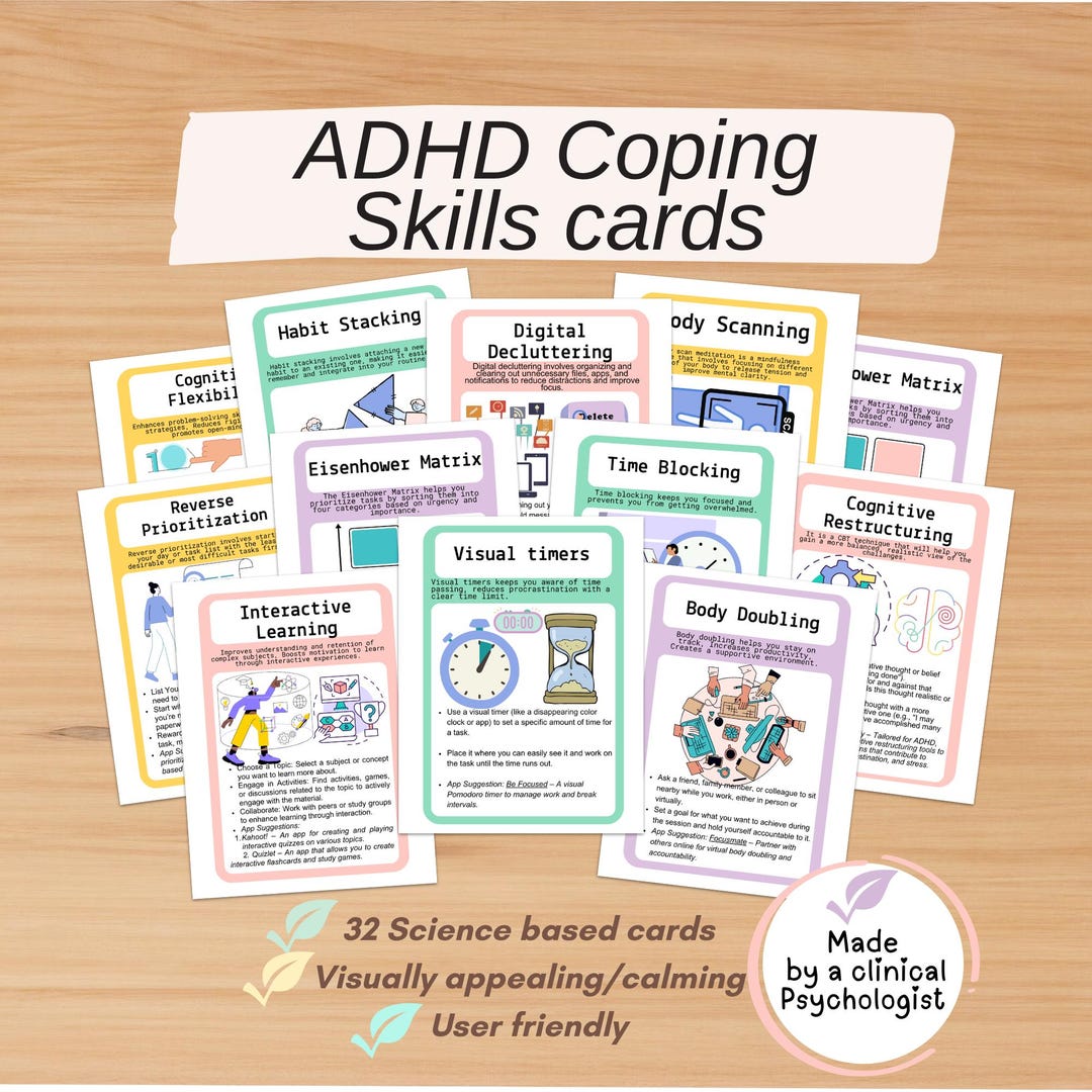Adhd coping skills cards adhd therapy tools adhd bundle adhd for