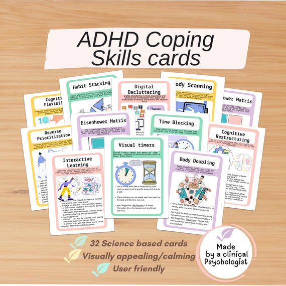 ADHD coping skills cards, ADHD therapy tools, ADHD bundle, adhd for adults, adhd for teens, adhd resources, adhd visual aids adhd worksheets