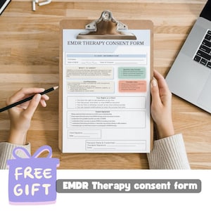 May include: A clipboard with an EMDR Therapy Consent Form. The form includes sections for client information, the nature of EMDR therapy, and client rights. A hand holds a pencil, and a laptop is visible in the background. A purple gift box with the words "FREE GIFT" is in the lower left corner.