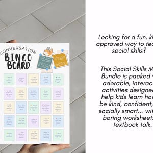 May include: A Conversation Bingo Board with colorful squares and text prompts, designed to teach social skills. The board features the title "Conversation Bingo Board" and includes additional text about the product's features.