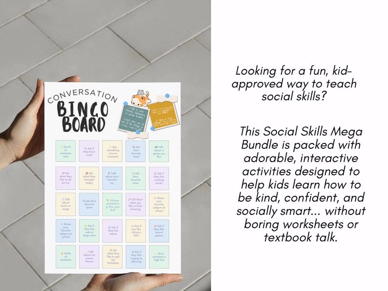 May include: A Conversation Bingo Board with colorful squares and text prompts, designed to teach social skills. The board features the title "Conversation Bingo Board" and includes additional text about the product's features.
