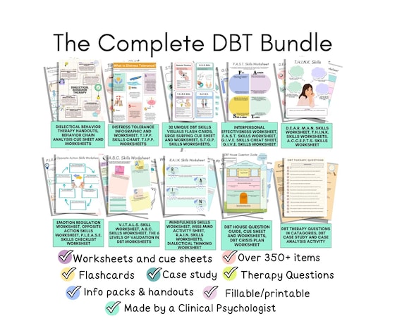 DBT mega bundle, Dialectical Behavior Therapy worksheets, Flashcards, activites, exercises, therapy questions, case study, and more