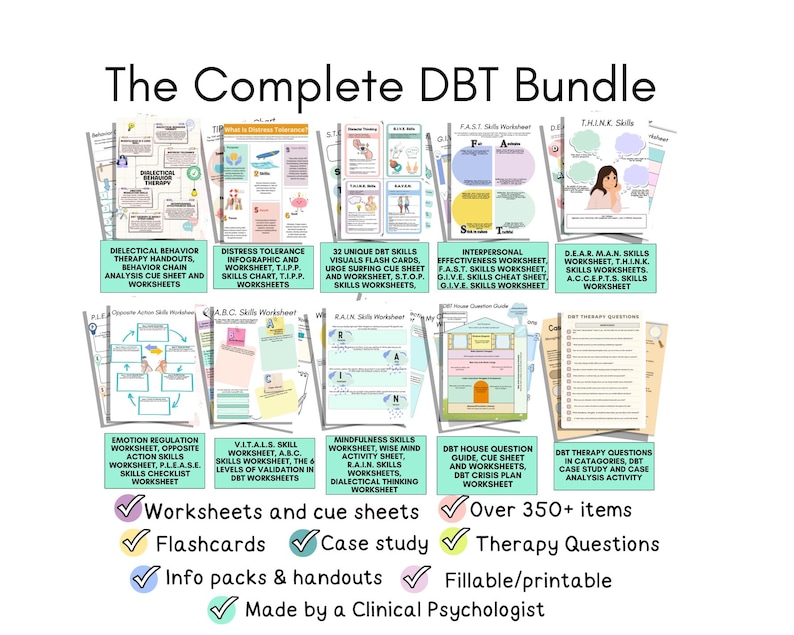 DBT complete bundle, Dialectical behavior therapy worksheets, DBT skills worksheets DBT flashcards, dbt mega bundle, distress tolerance DBT emotion regulation DBT workbook DBT handouts DBT cheat sheet DBT journal DBT diary card DBT handouts