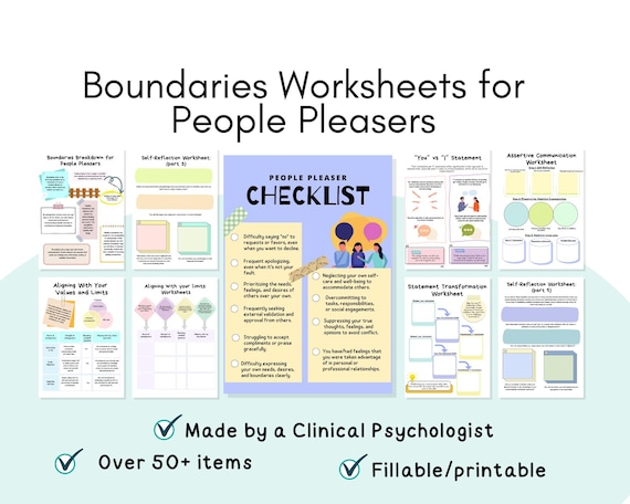 Boundaries worksheets for people pleasers therapy, overcoming people pleasing, people pleasing worksheets PDF, people-pleasing exercises