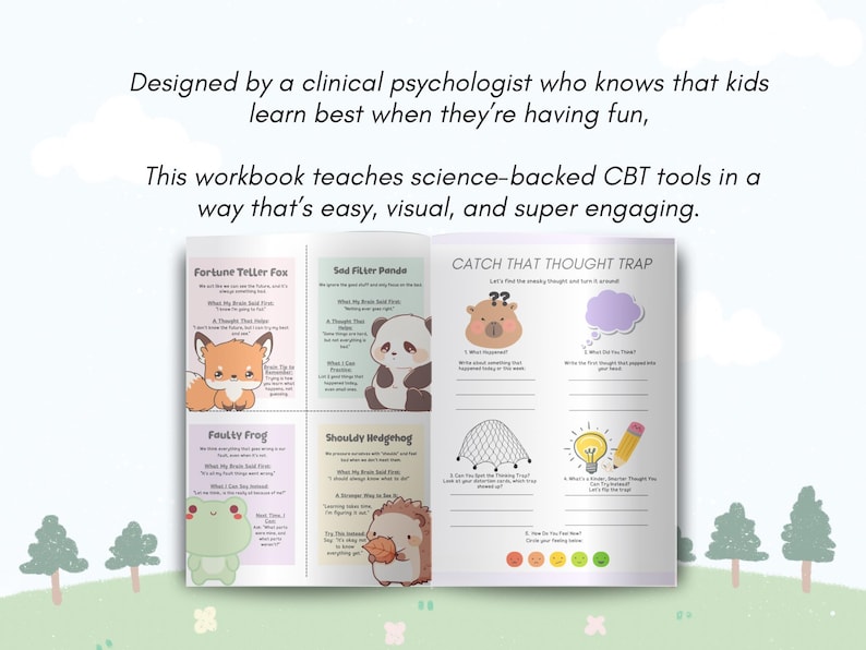 May include: Open workbook with colorful illustrations and text. The workbook teaches CBT tools with a fox, panda, frog, and hedgehog. Text includes "Fortune Teller Fox", "Sad Filter Panda", "Faulty Frog", "Shouldy Hedgehog", and "Catch That Thought Trap".