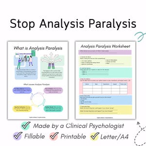 Puede incluir: Una hoja de trabajo imprimible titulada "Stop Analysis Paralysis" con un esquema de color rosa y azul. La hoja de trabajo incluye una definición de la parálisis del análisis, un diagrama de las causas de la parálisis del análisis y una hoja de trabajo para ayudar a superar la parálisis del análisis.