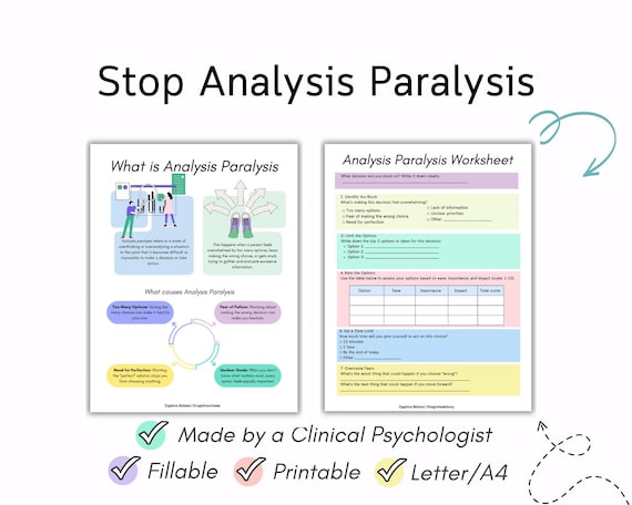 Analysis paralysis worksheet, ADHD worksheets, neurodivergent worksheets, how to overcome analysis paralysis ADHD analysis paralysis therapy
