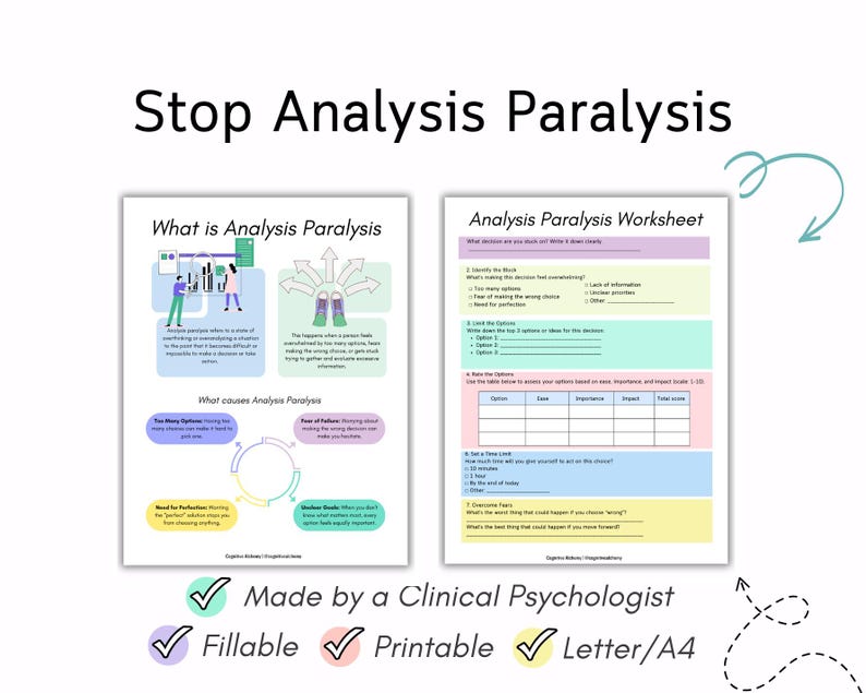 Analysis paralysis worksheet, ADHD worksheets, neurodivergent worksheets, how to overcome analysis paralysis ADHD analysis paralysis therapy, analysis paralysis psychology, examples analysis paralysis symptoms, reddit analysis paralysis meaning