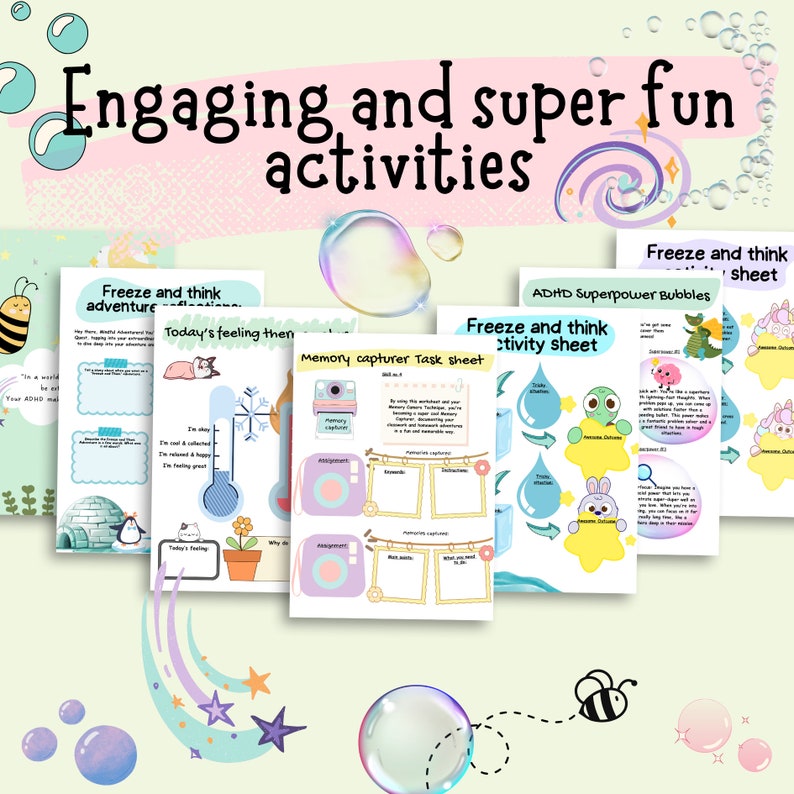 May include: A set of printable worksheets for children with ADHD. The worksheets feature colorful illustrations of animals and bubbles, and include activities such as "Freeze and Think Adventure", "Memory Capturer Task Sheet", and "ADHD Superpower Bubbles".