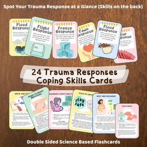 Trauma coping skills cards, Trauma responses, Trauma therapy tools, (Fight, flight, freeze, fawn, flood, flop) Set of 28