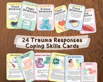 May include: A set of 24 double-sided trauma response coping skills flashcards. The cards feature colorful illustrations and text explaining various responses like flood, flight, freeze, and fawn, alongside practical exercises such as hand-to-heart breathing.