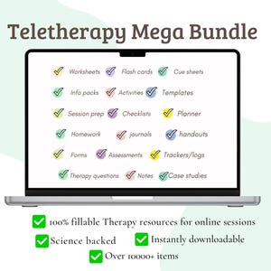 Op de afbeelding: Een laptopscherm toont "Teletherapy Mega Bundle" met bronnen zoals werkbladen, flashcards en checklists. De afbeelding bevat ook de tekst "100% fillable Therapy resources for online sessions", "Science backed", "Instantly downloadable" en "Over 10000+ items".
