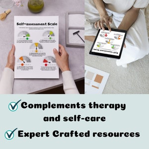 May include: A self-assessment scale is shown on paper and a tablet. The scale has a gauge design with colour-coded sections and text. The image also includes the text "Complements therapy and self-care" and "Expert Crafted resources".