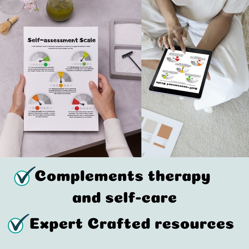 May include: A self-assessment scale is shown on paper and a tablet. The scale has a gauge design with colour-coded sections and text. The image also includes the text "Complements therapy and self-care" and "Expert Crafted resources".