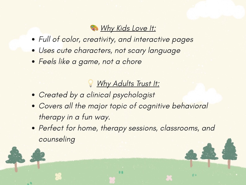May include: A light green background with text that reads "Why Kids Love It" and "Why Adults Trust It". The text describes the benefits of a product, including interactive pages, cute characters, and fun therapy sessions.