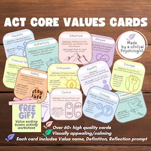 Könnte beinhalten: Eine Sammlung von ACT-Kernwertkarten auf einer Holzoberfläche. Jede Karte enthält einen Wertnamen, eine Definition und eine Reflexionsaufforderung. Die Karten sind optisch ansprechend und beinhalten ein kostenloses Geschenk.