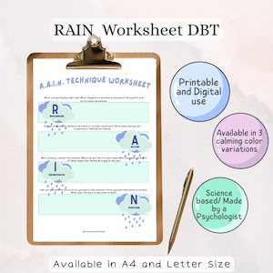 May include: A clipboard with a worksheet titled "RAIN Technique Worksheet" with sections for recognizing, allowing, investigating, and nurturing emotions. Includes text "Printable and Digital use" and "Available in 3 calming color variations."